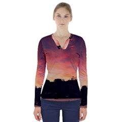 Sunset Silhouette Sun Sky Evening V-neck Long Sleeve Top by Celenk