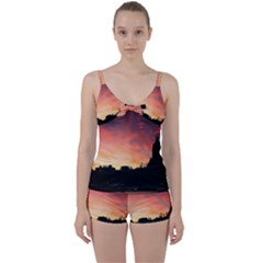 Sunset Silhouette Sun Sky Evening Tie Front Two Piece Tankini by Celenk