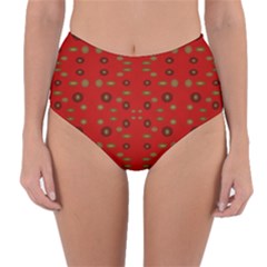 Brown Circle Pattern On Red Reversible High-waist Bikini Bottoms by BrightVibesDesign