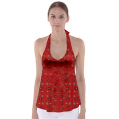 Brown Circle Pattern On Red Babydoll Tankini Top by BrightVibesDesign