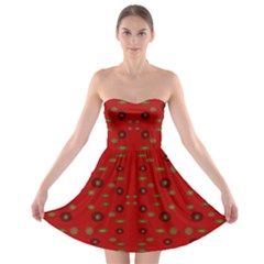 Brown Circle Pattern On Red Strapless Bra Top Dress by BrightVibesDesign