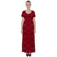 Brown Circle Pattern On Red High Waist Short Sleeve Maxi Dress by BrightVibesDesign