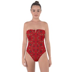 Brown Circle Pattern On Red Tie Back One Piece Swimsuit by BrightVibesDesign