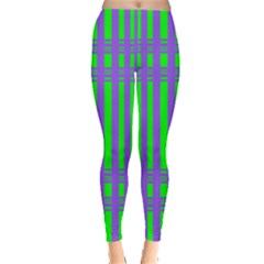 Bright Green Purple Stripes Pattern Leggings  by BrightVibesDesign