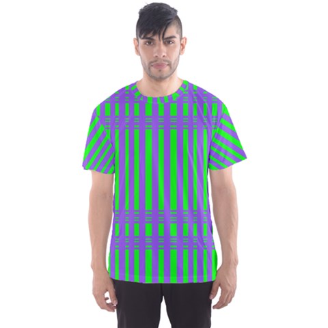 Bright Green Purple Stripes Pattern Men s Sports Mesh Tee by BrightVibesDesign