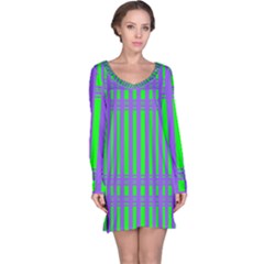 Bright Green Purple Stripes Pattern Long Sleeve Nightdress by BrightVibesDesign