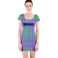 Bright Green Purple Stripes Pattern Short Sleeve Bodycon Dress by BrightVibesDesign