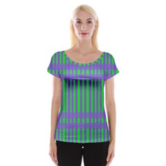 Bright Green Purple Stripes Pattern Cap Sleeve Tops by BrightVibesDesign