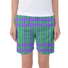 Bright Green Purple Stripes Pattern Women s Basketball Shorts by BrightVibesDesign