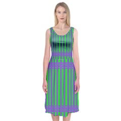 Bright Green Purple Stripes Pattern Midi Sleeveless Dress by BrightVibesDesign