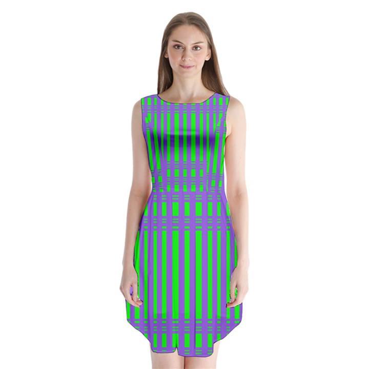 Bright Green Purple Stripes Pattern Sleeveless Chiffon Dress  