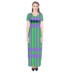 Bright Green Purple Stripes Pattern Short Sleeve Maxi Dress by BrightVibesDesign