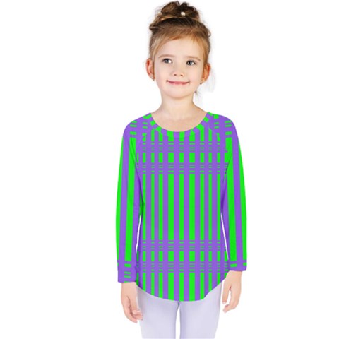 Bright Green Purple Stripes Pattern Kids  Long Sleeve Tee by BrightVibesDesign