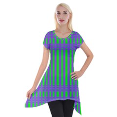 Bright Green Purple Stripes Pattern Short Sleeve Side Drop Tunic by BrightVibesDesign