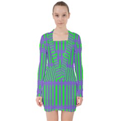 Bright Green Purple Stripes Pattern V-neck Bodycon Long Sleeve Dress by BrightVibesDesign