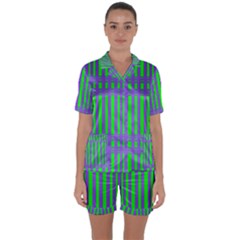 Bright Green Purple Stripes Pattern Satin Short Sleeve Pyjamas Set by BrightVibesDesign