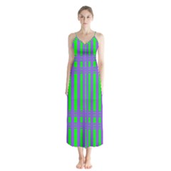 Bright Green Purple Stripes Pattern Button Up Chiffon Maxi Dress by BrightVibesDesign