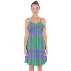 Bright Green Purple Stripes Pattern Ruffle Detail Chiffon Dress by BrightVibesDesign