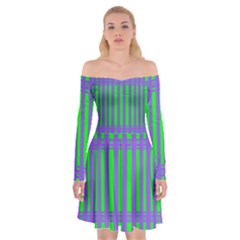 Bright Green Purple Stripes Pattern Off Shoulder Skater Dress by BrightVibesDesign