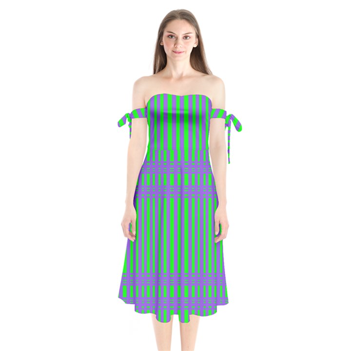 Bright Green Purple Stripes Pattern Shoulder Tie Bardot Midi Dress