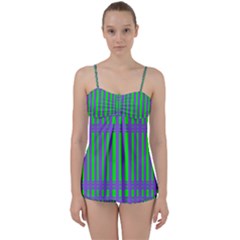 Bright Green Purple Stripes Pattern Babydoll Tankini Set by BrightVibesDesign