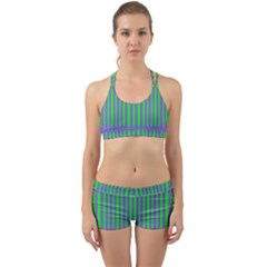 Bright Green Purple Stripes Pattern Back Web Sports Bra Set by BrightVibesDesign