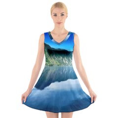 Mountain Water Landscape Nature V-neck Sleeveless Skater Dress by Celenk