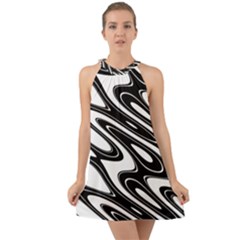 Black And White Wave Abstract Halter Tie Back Chiffon Dress