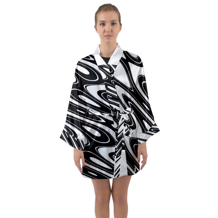 Black And White Wave Abstract Long Sleeve Kimono Robe