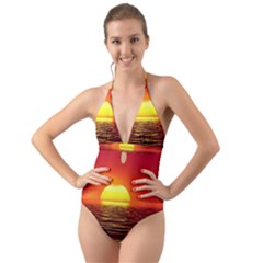 Sunset Ocean Nature Sea Landscape Halter Cut-out One Piece Swimsuit by Celenk