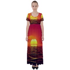 Sunset Ocean Nature Sea Landscape High Waist Short Sleeve Maxi Dress