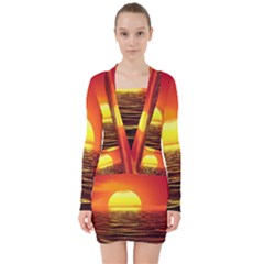 Sunset Ocean Nature Sea Landscape V-neck Bodycon Long Sleeve Dress