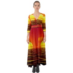 Sunset Ocean Nature Sea Landscape Button Up Boho Maxi Dress