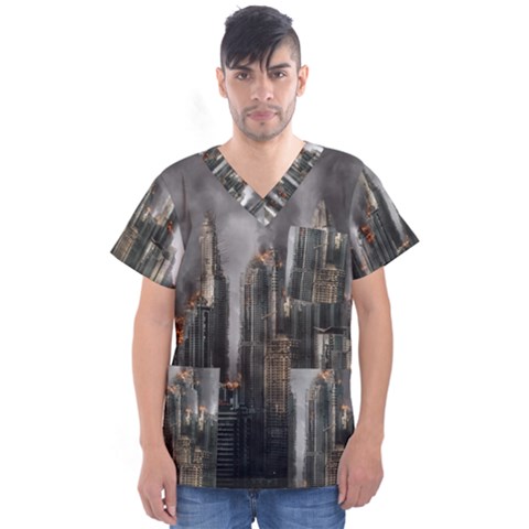 Armageddon Disaster Destruction War Men s V-neck Scrub Top by Celenk