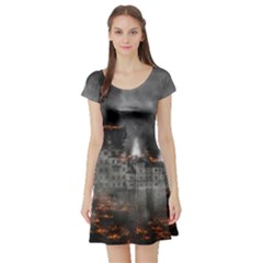 Destruction War Conflict Explosive Short Sleeve Skater Dress by Celenk