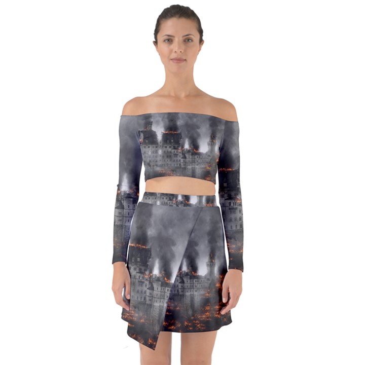 Destruction War Conflict Explosive Off Shoulder Top with Skirt Set