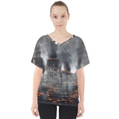 Destruction War Conflict Explosive V-neck Dolman Drape Top by Celenk