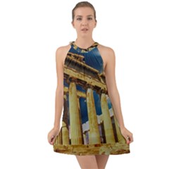 Athens Greece Ancient Architecture Halter Tie Back Chiffon Dress by Celenk