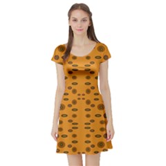 Brown Circle Pattern On Yellow Short Sleeve Skater Dress by BrightVibesDesign