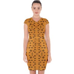 Brown Circle Pattern On Yellow Capsleeve Drawstring Dress  by BrightVibesDesign