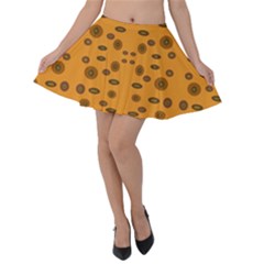 Brown Circle Pattern On Yellow Velvet Skater Skirt