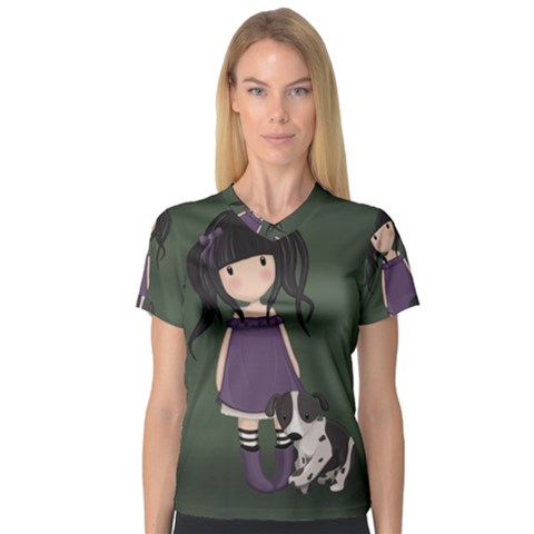 Dolly Girl And Dog V-neck Sport Mesh Tee by Valentinaart