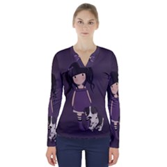 Dolly Girl And Dog V-neck Long Sleeve Top by Valentinaart