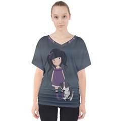 Dolly Girl And Dog V-neck Dolman Drape Top by Valentinaart