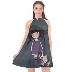 Dolly Girl And Dog Halter Neckline Chiffon Dress  by Valentinaart