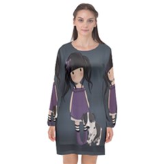 Dolly Girl And Dog Long Sleeve Chiffon Shift Dress  by Valentinaart