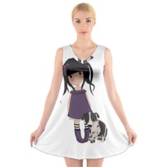 Dolly Girl And Dog V-neck Sleeveless Skater Dress by Valentinaart