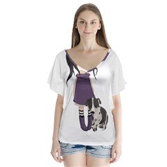 Dolly Girl And Dog V-neck Flutter Sleeve Top by Valentinaart