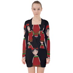 Frida Kahlo Doll V-neck Bodycon Long Sleeve Dress by Valentinaart