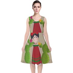 Frida Kahlo Doll V-neck Midi Sleeveless Dress  by Valentinaart